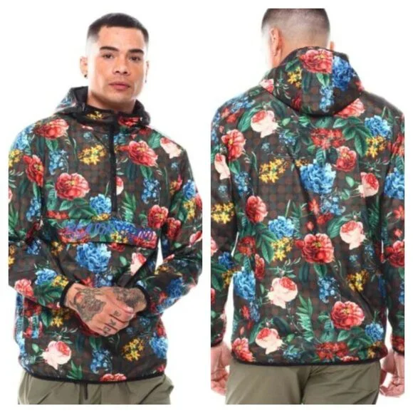 Reason Men's Black Floral Multi Color Hooded Windbreaker Jacket Size Lar… - Picture 1 of 8